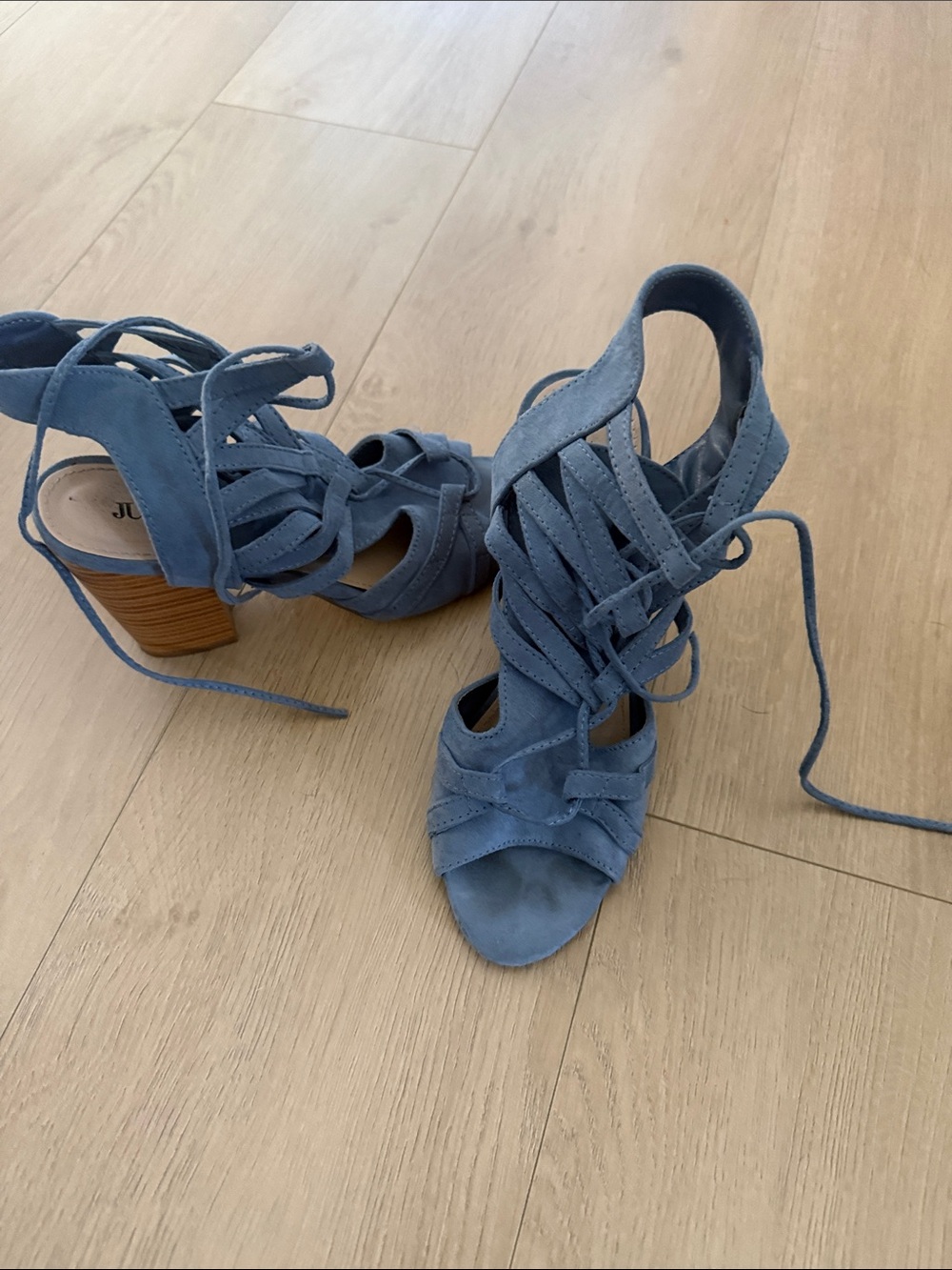 Suede Lace-Up Block Heel Sandals in Dusty Blue
